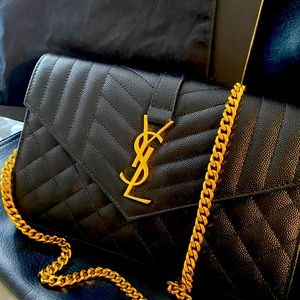 YSL Black Triquilt Envelope Wallet on Chain